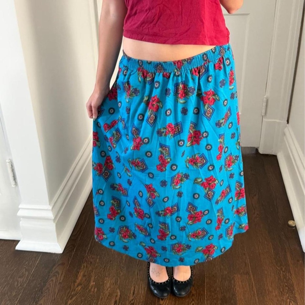 Vintage 90's Perbrooke Lane blue and red floral flowy maxi skirt